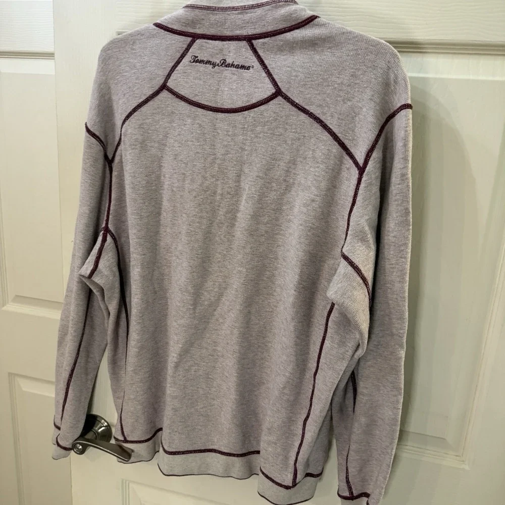 Tommy Bahama Sweater Mens Large Preppy‎ Logo Plum Gray 1/4 Zip Reversible